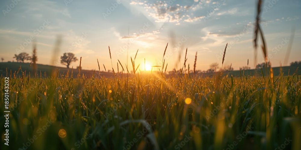 Naklejka premium Sunset scene highlighting grass blades with warm lighting, suitable for background use