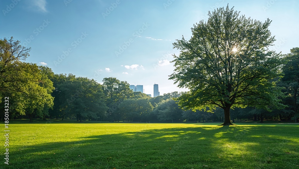 Naklejka premium Urban park scene with green trees and a meadow, focusing on city sustainability efforts