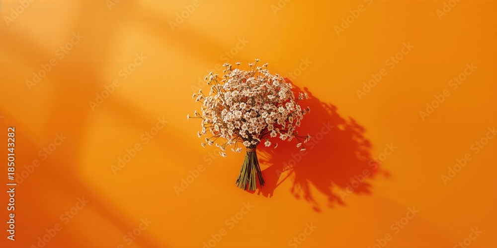 Fototapeta premium Poppy seed plant flower bouquet on orange background with colorful blooms arranged for natural decor, World Environment Day