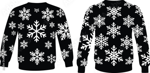 Black sweater with snowflake pattern, front and back view for seasonal design