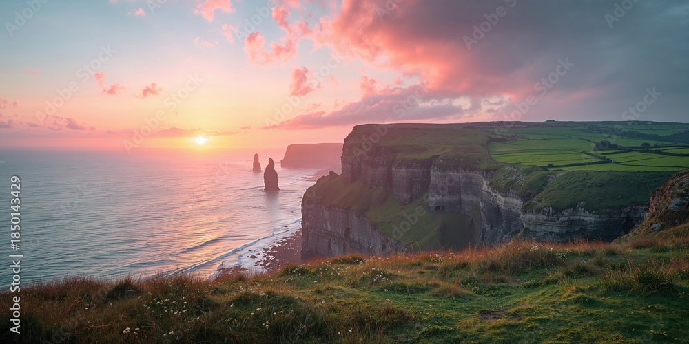 Naklejka premium Scenic view of Normandys countryside with agricultural land and coastal cliffs, ideal for editorial header backgrounds, Earth Day
