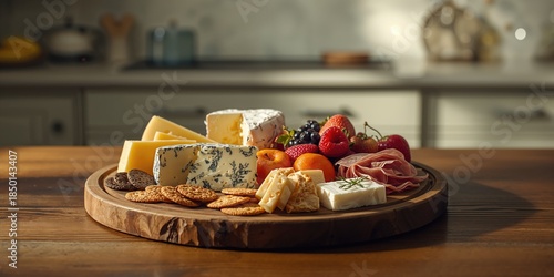 Gourmet cheese, crackers, and fruit displayed on a wood serving board, suitable for appetizer presentation, World Food Day