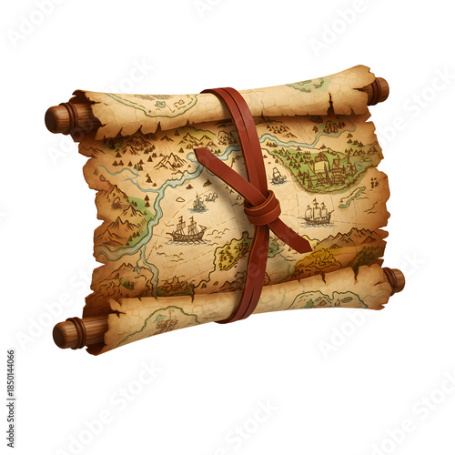 Antique fantasy map scroll tied with leather strap showing mountains and ships isolated on a transparent background