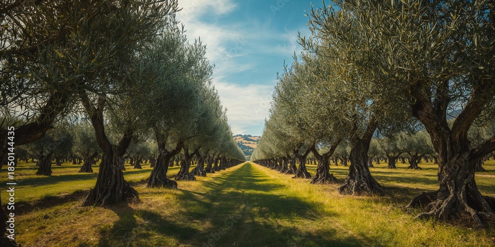 Naklejka premium Olive grove landscape in Alentejo, highlighting agricultural maintenance during harvest season for World Agriculture Day