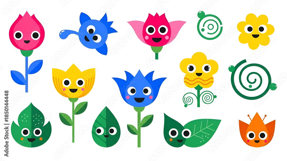 Fototapeta premium Cute cartoon flowers and leaves with faces