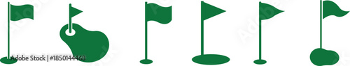 Golf Flag Flat Style Vector Icon Set, Course Marker Symbol Collection and Sports Outline Graphic Group Featuring Hole Flag, Pin Elements in Minimal Design