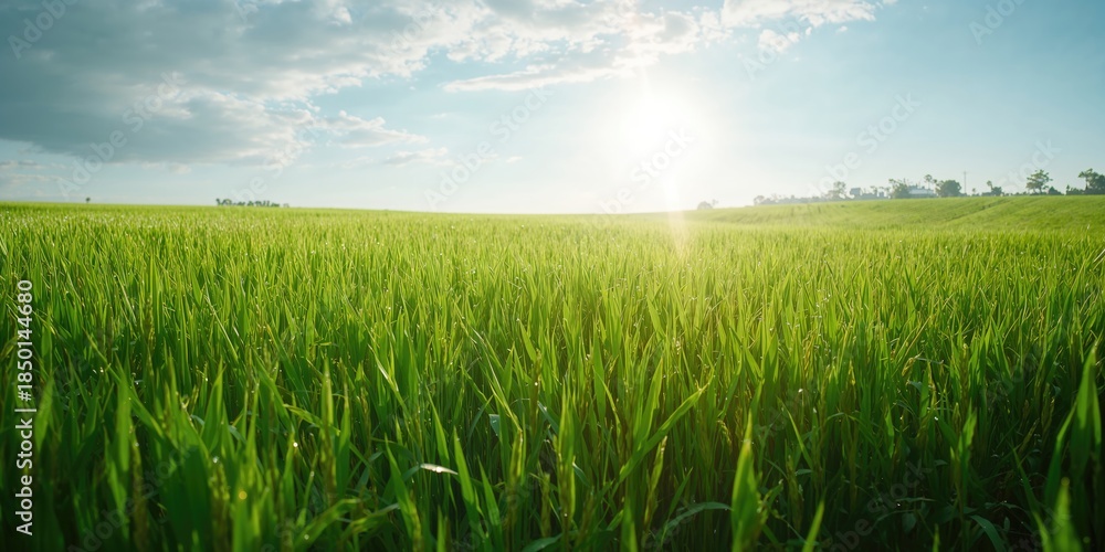 Naklejka premium Lush green rice paddies serving as a backdrop in landscape design, focused on agricultural aesthetics