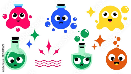 Colorful cartoon chemical bottles and ghosts