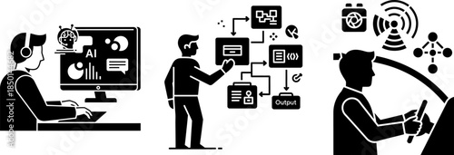 Person using computer with A I brain icon and flowchart diagram and person driving car with sensors
