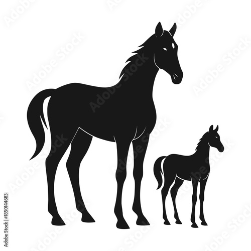 Mare with foal standing together family horse silhouette farm animal vector graphic