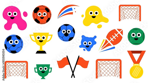 Cute sports icons set with fun characters and equipment