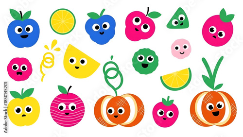 Colorful cartoon fruits and vegetables set
