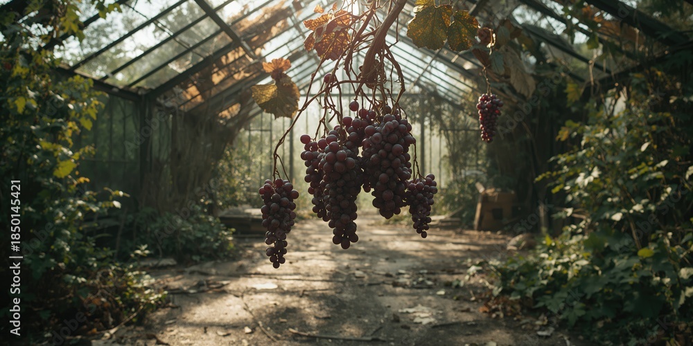 Fototapeta premium Withered grapes in a neglected greenhouse, demonstrating impact of drought on crop health