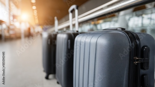 Rows of sleek suitcases wait patiently in a lively airport terminal as travelers prepare for their exciting departures. The atmosphere buzzes with anticipation and dreams of exploration