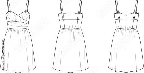 cad drawing flat vector illustration, tiered ruffle dress with bow strap, technical fashion sketch, front and back view