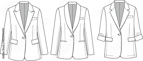cad drawing flat vector illustration, women blazer technical fashion sketch, front view jacket template, sleeve variations, formal wear design