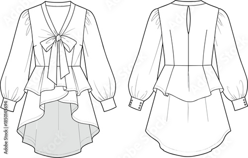 cad drawing flat vector illustration, women blouse fashion technical sketch, bow tie top template, sleeve detail, peplum hem design