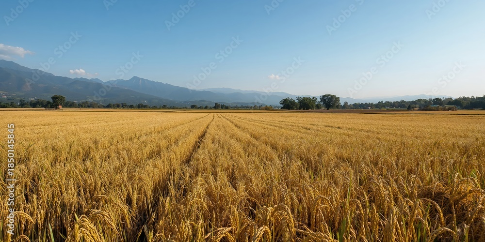 Naklejka premium Rice stubble after harvest set against mountain scenery, agricultural cycles