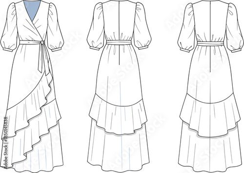 cad drawing flat vector illustration, women long ruffle dress technical fashion sketch, wrap gown template, sleeve design, formal wear