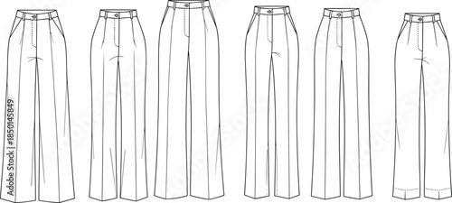 cad drawing flat vector illustration, women high waist wide leg pants technical fashion sketch, front view template design