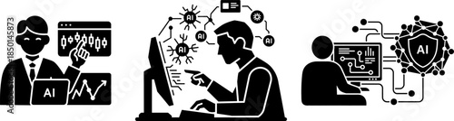 Silhouettes of people analyzing financial data and interacting with AI systems artificial intelligence