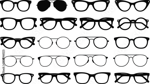 Large vector set of stylish black silhouette eyeglasses and sunglasses icons, illustrating diverse retro and modern optical fashion choices.