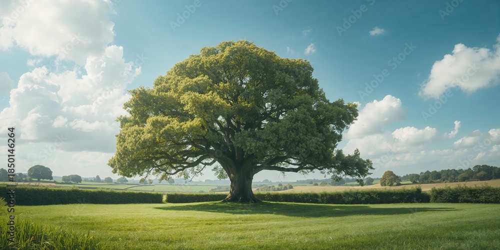 Naklejka premium Large oak tree in a hedge row, illustrating biodiversity and seasonal growth