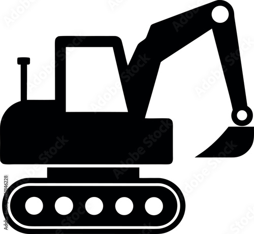 Excavator Silhouette with Five Track Rollers and Bucket Arm for Heavy Construction Illustration