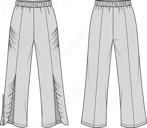 cad drawing flat vector illustration, ruched side slit pants technical sketch, fashion design template, womenswear trousers clothing, elastic waist