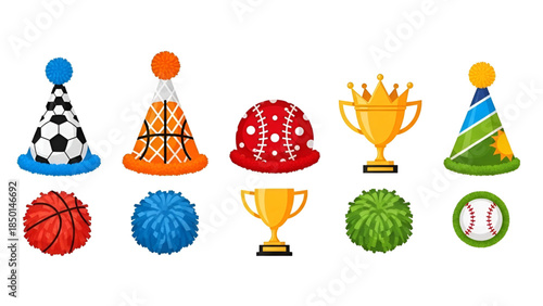 Colorful sports party hats and trophy icons
