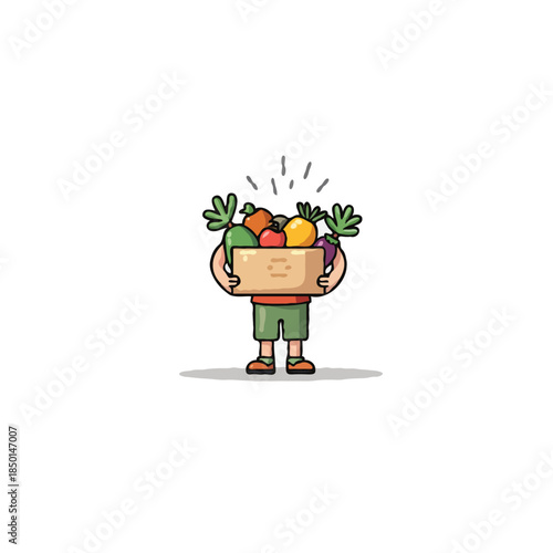 Cheerful cartoon delivery boy carrying crate brimming organic produce promotes healthy eating and