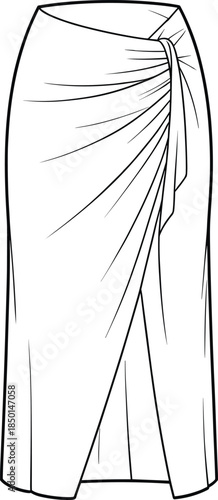 Cad drawing flat vector illustration, stylish women’s wrap skirt, ruched detail, high waist, midi length, front slit, elegant design, modern fashion, versatile clothing, summer wardrobe essential