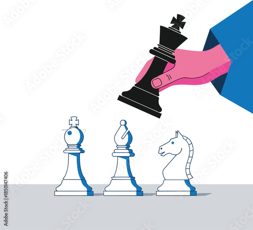 Vector Illustration of a Hand Holding a Black King Chess Piece Making a Strategic Move Over White Pieces