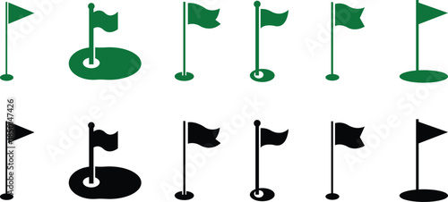 Golf Flag Flat Style Vector Icon Set, Course Marker Symbol Collection and Sports Outline Graphic Group Featuring Hole Flag, Pin Elements in Minimal Design