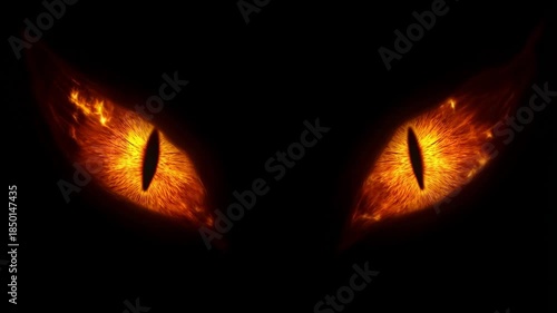 Fiery dragon eyes blinking in darkness: intense glowing animation