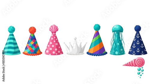 Colorful party hats and crown for festive celebrations