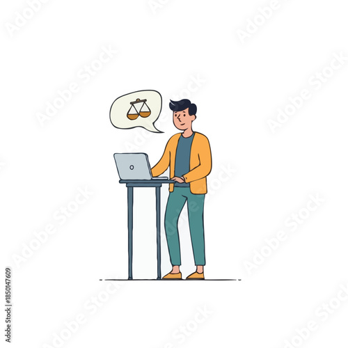 Digital justice depiction showing a person using a laptop and pondering legal matters with thought