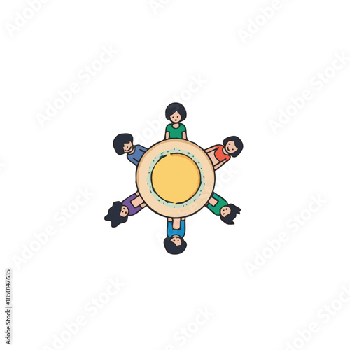 Diverse group collaborates around circular table fostering teamwork and creativity creating