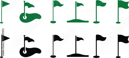 Golf Flag Flat Style Vector Icon Set, Course Marker Symbol Collection and Sports Outline Graphic Group Featuring Hole Flag, Pin Elements in Minimal Design