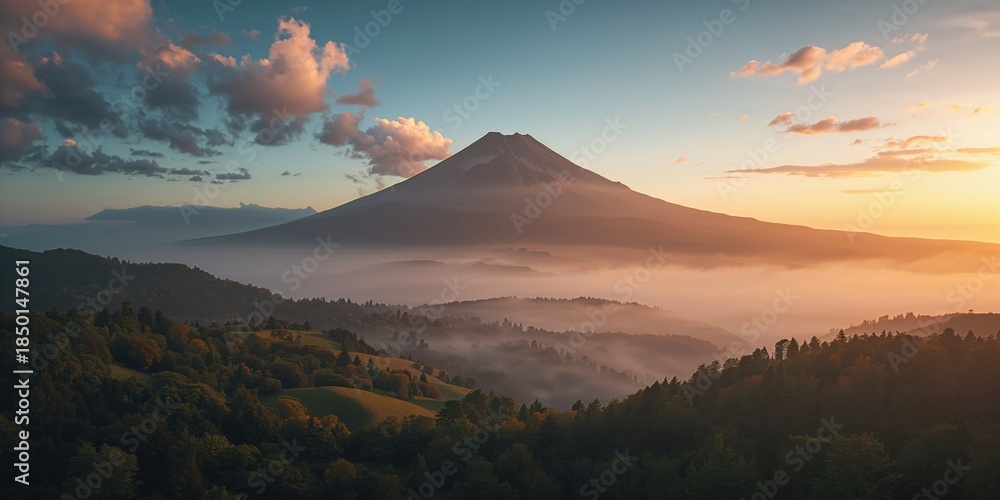 Fototapeta premium Mountain scenery at sunset with a distant peak shrouded in dusk fog, ideal for editorial header backgrounds