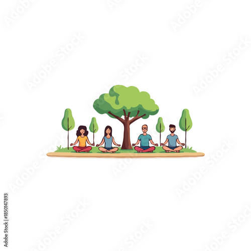 Group meditation under serene park trees enhancing community wellness and mental focus through