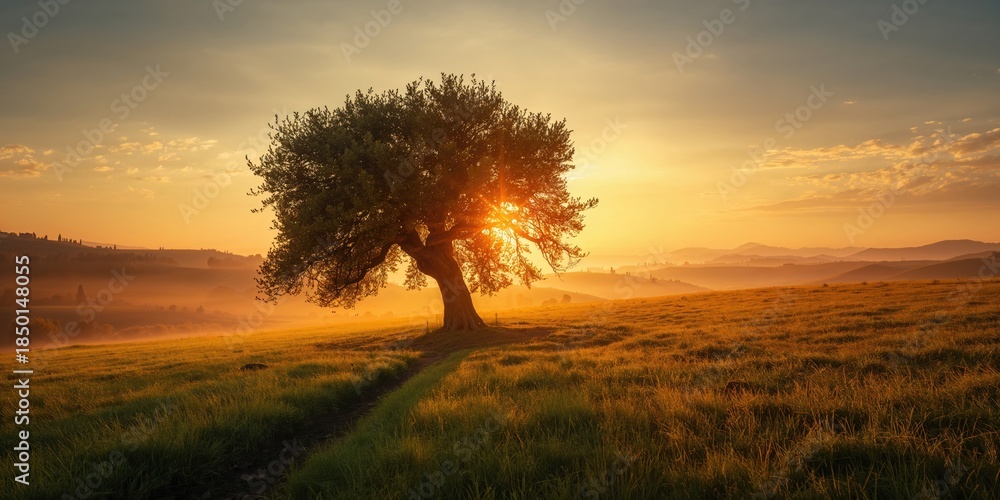 Naklejka premium Olive grove in Alta Maremma, highlighting sustainable agriculture, panoramic landscape of Casale Marittimo with distant sea, Tuscany region, Italy Europe