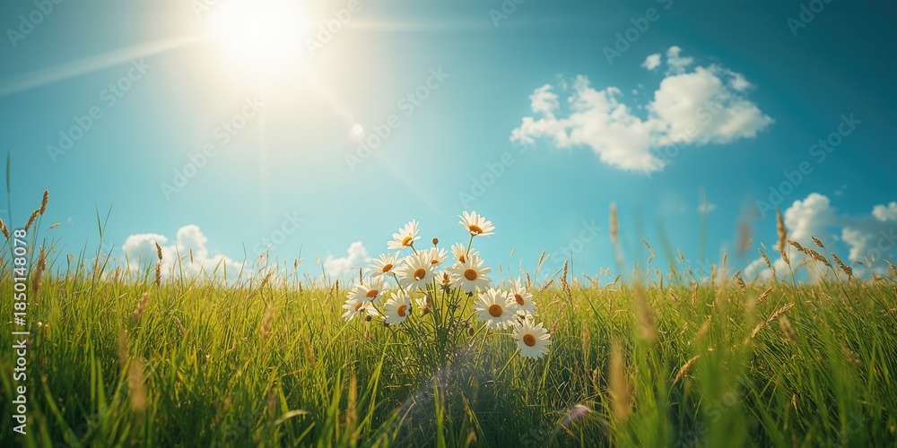 Naklejka premium White daisies under a clear blue sky with sunlight, suitable for garden or outdoor scene design