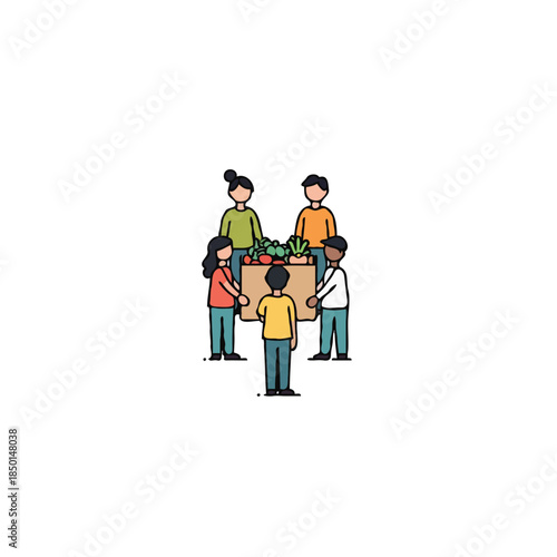 Illustration showcasing a group of volunteers gathering around a box filled with fresh produce for