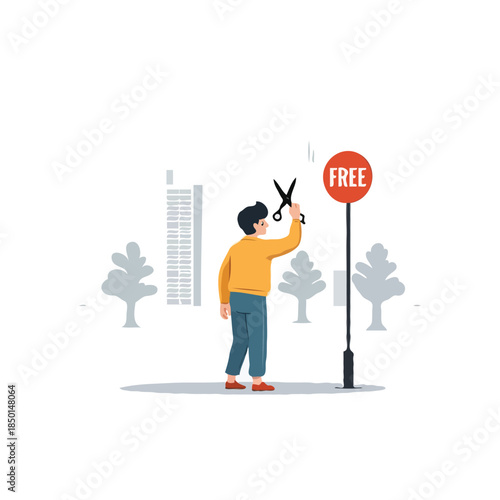 Illustrative depiction of a person cutting off the concept of free from urban environment and