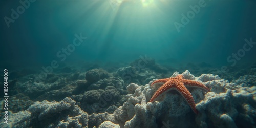 Single starfish among degraded coral structures coral reef deterioration due to climate change and illegal fishing, Earth Day