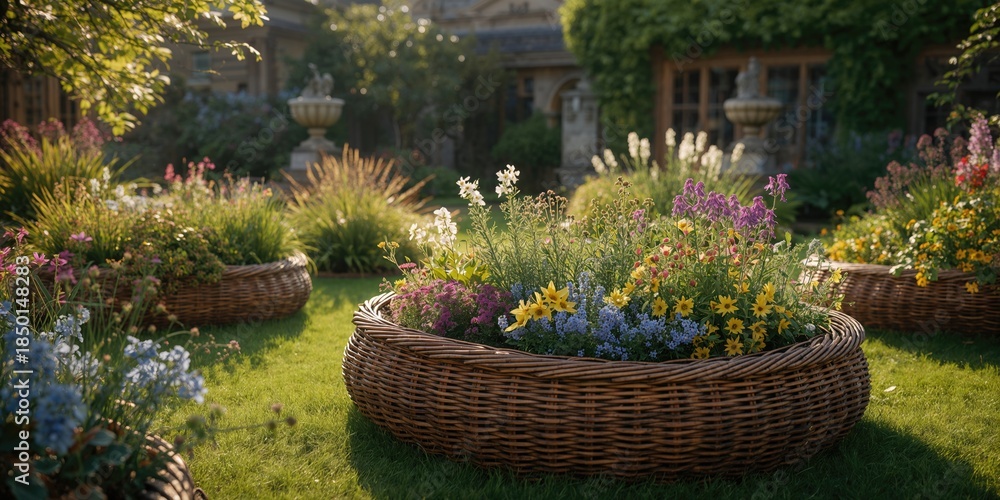 Fototapeta premium Traditional elevated garden beds with lush greenery and medicinal plants in a historic outdoor space, urban gardening focus