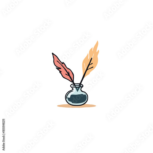 Minimalist depiction featuring an inkwell with decorative plumes symbolizing creativity writing