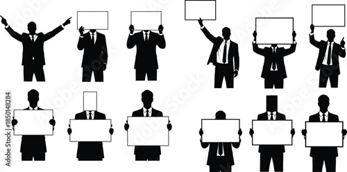 Business people silhouettes with signs and various poses for presentations and graphics design