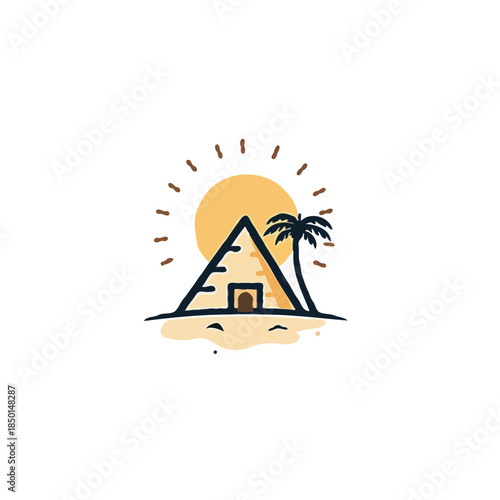 Minimalist pyramid illustration with sun and palm tree evoking travel adventure and desert